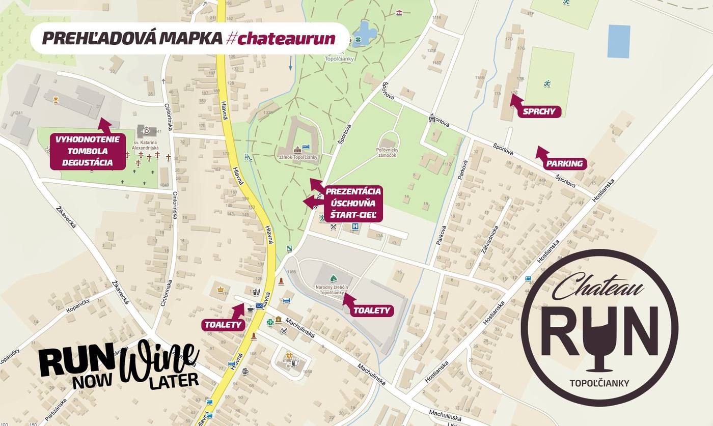Prehľadová mapka – štart, cieľ, prezentácia, parkovanie